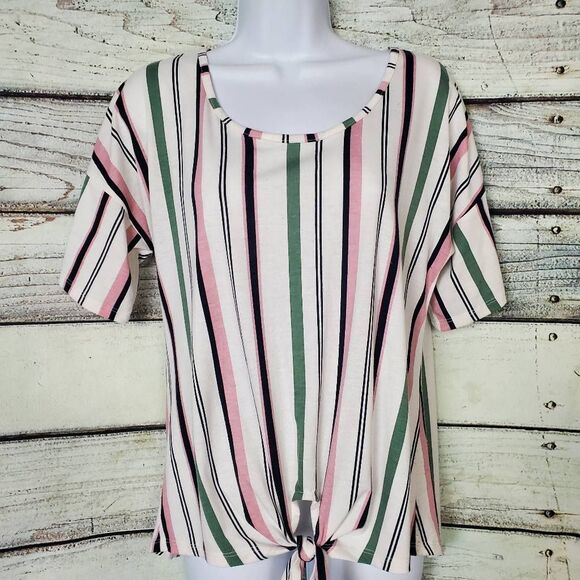 Daytrip Women’s Top S White Pink Green Striped Short Sleeve Tie Front Tee - Picture 1 of 8